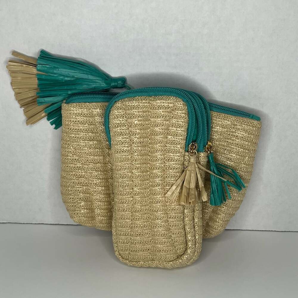 Woven Straw Cosmetic Travel Pouch with Teal Zipper and Tassel Detail